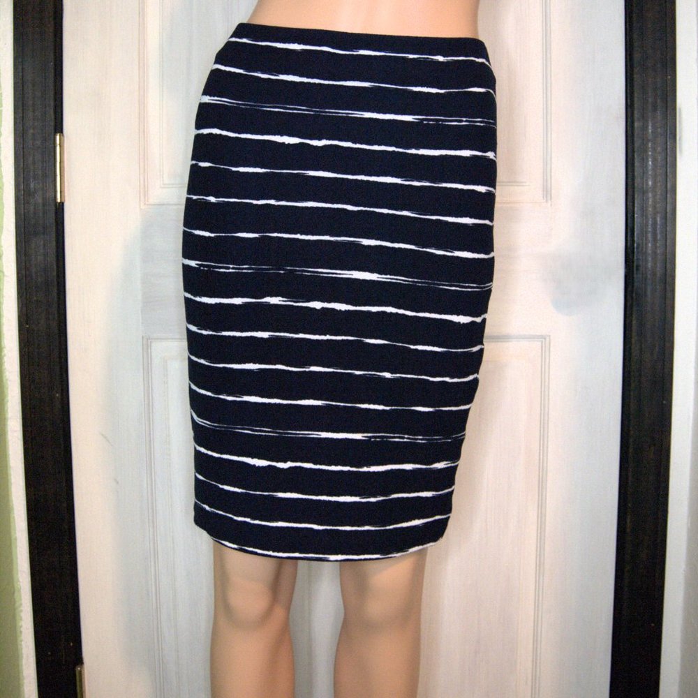 Navy Blue and White Striped Pencil Skirt Stretch with Elastic Waist AQUA brand